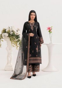 Nargis 3PCS – Black Embroidered Cotton Suit with Organza Dupatta