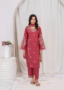 Mahreen 3PCS – Mauve Pink Embroidered Linen Chambray Suit with Organza Dupatta