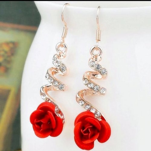 Red Rose Earrings Crystal Rhinestone Pearl Butterfly Flower Stud