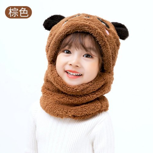 Winter Children Hat Plus Fleece Kids Wool Caps with Neck Warmer Cartoon Hat For Girls Boys Scarf Thicken Cap