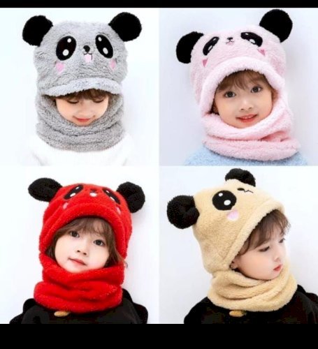 Winter Children Hat Plus Fleece Kids Wool Caps with Neck Warmer Cartoon Hat For Girls Boys Scarf Thicken Cap