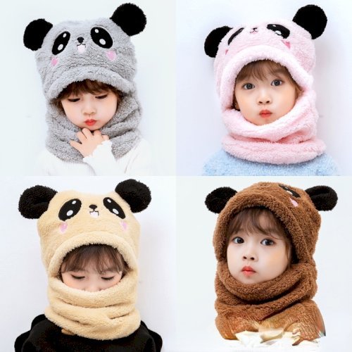 Winter Children Hat Plus Fleece Kids Wool Caps with Neck Warmer Cartoon Hat For Girls Boys Scarf Thicken Cap