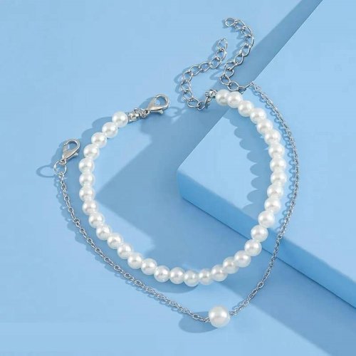 2 Pcs Silver Plated Pearl Stone Anklet