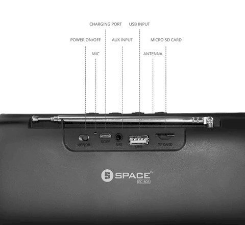 Space Echo Portable Wireless Speaker EC803, Bluetooth, USB Flash, Micro SD Card and Aux Function