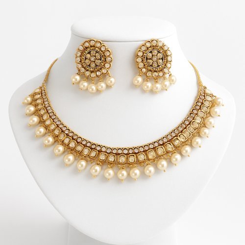 Elegant Gold Plated Kundan and Pearl Necklace Set with Matching Earrings - Traditional Bridal Jewelry