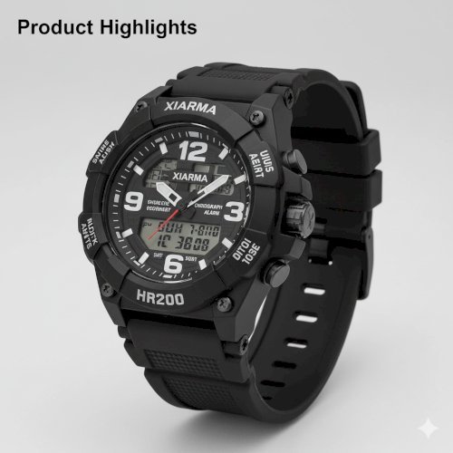 XIARMA HR9200 Men's Multifunctional Outdoor Sports Watch - Digital Analog Dual Display, Water Resistant, Shockproof Durable Tactical Military Style Chronograph Watch for Men - Black, Dual Time, Alarm, Date