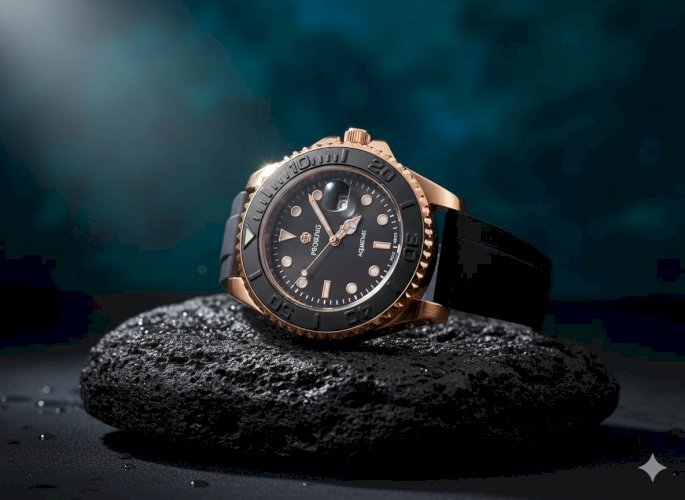 Men's Rose Gold And Sliver Dive Watch | Black Rubber Strap & Dial | Water Resistant Luxury Rose Gold & Black Men's Watch | Rubber Strap Diver Style PAGANI DESIGN (or Your Brand) Rose Gold Black Diver Watch | Silicone Strap |