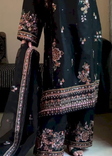 Nargis 3PCS – Black Embroidered Cotton Suit with Organza Dupatta