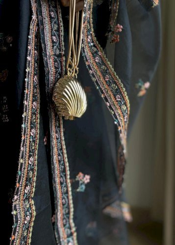 Nargis 3PCS – Black Embroidered Cotton Suit with Organza Dupatta