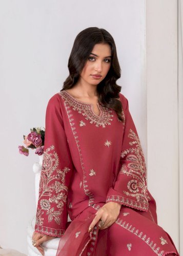 Mahreen 3PCS – Mauve Pink Embroidered Linen Chambray Suit with Organza Dupatta