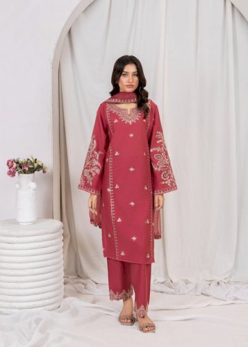 Mahreen 3PCS – Mauve Pink Embroidered Linen Chambray Suit with Organza Dupatta