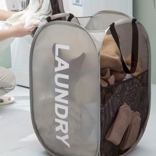 1 Large Foldable Laundry Basket – Breathable Mesh Panels, Minimalist Solid Color Design, Dirty Clothes Storage Hamper, Ideal for Clothes & Laundry Organization