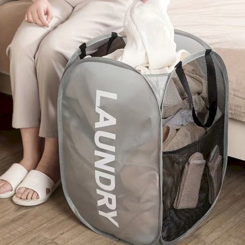 1 Large Foldable Laundry Basket – Breathable Mesh Panels, Minimalist Solid Color Design, Dirty Clothes Storage Hamper, Ideal for Clothes & Laundry Organization