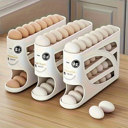 4-Tier Rolling Egg Rack – Space-Saving Side Door Design, Holds Up to 30 Eggs, Glossy Finish, Easy Handle, Ideal for Kitchen and Fridge Storage, Durable Plastic Material