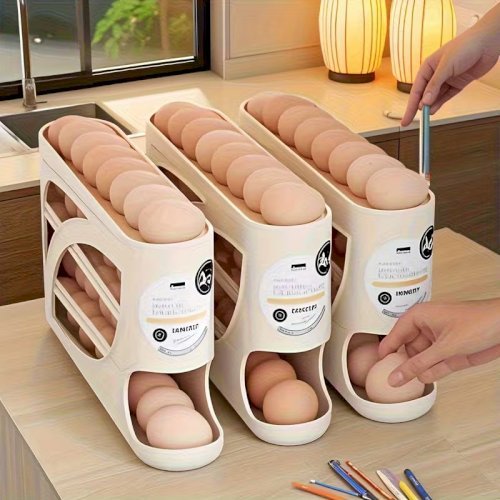 4-Tier Rolling Egg Rack – Space-Saving Side Door Design, Holds Up to 30 Eggs, Glossy Finish, Easy Handle, Ideal for Kitchen and Fridge Storage, Durable Plastic Material