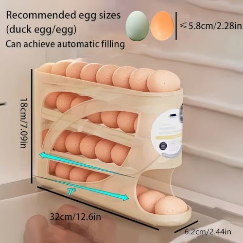 4-Tier Rolling Egg Rack – Space-Saving Side Door Design, Holds Up to 30 Eggs, Glossy Finish, Easy Handle, Ideal for Kitchen and Fridge Storage, Durable Plastic Material