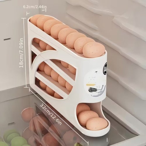 4-Tier Rolling Egg Rack – Space-Saving Side Door Design, Holds Up to 30 Eggs, Glossy Finish, Easy Handle, Ideal for Kitchen and Fridge Storage, Durable Plastic Material