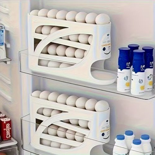 4-Tier Rolling Egg Rack – Space-Saving Side Door Design, Holds Up to 30 Eggs, Glossy Finish, Easy Handle, Ideal for Kitchen and Fridge Storage, Durable Plastic Material