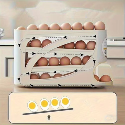4-Tier Rolling Egg Rack – Space-Saving Side Door Design, Holds Up to 30 Eggs, Glossy Finish, Easy Handle, Ideal for Kitchen and Fridge Storage, Durable Plastic Material