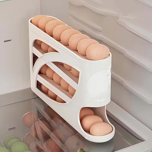 4-Tier Rolling Egg Rack – Space-Saving Side Door Design, Holds Up to 30 Eggs, Glossy Finish, Easy Handle, Ideal for Kitchen and Fridge Storage, Durable Plastic Material